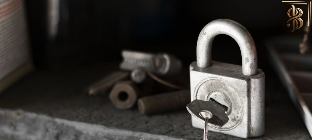 Chastity in BDSM : old lock with old key in padlock black and white picture