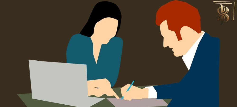 drawing of a woman and a man seated at a table drawing up a contract as a form of consent