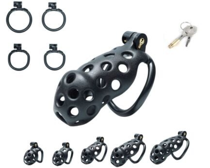 Black resin chastity cage with 4 rings one lock and 2 keys