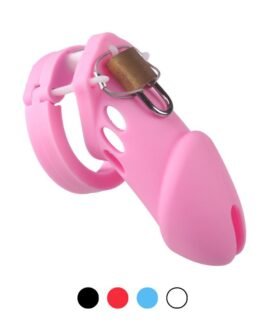 Silicone Chastity Cage SilenceGuard pink model front view, with black, red, blue or white color label for different variants