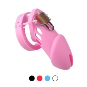 Silicone Chastity Cage SilenceGuard pink model front view, with black, red, blue or white color label for different variants
