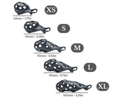 presentation of 5 different profile sizes with the length of each cage in mm and inch.