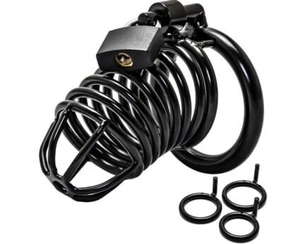 Chastity cage for men in black metal with 3 rings available